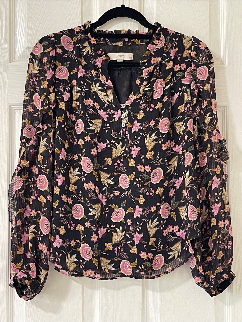 LOFT Black Blouse with Pink Rose Floral Print
